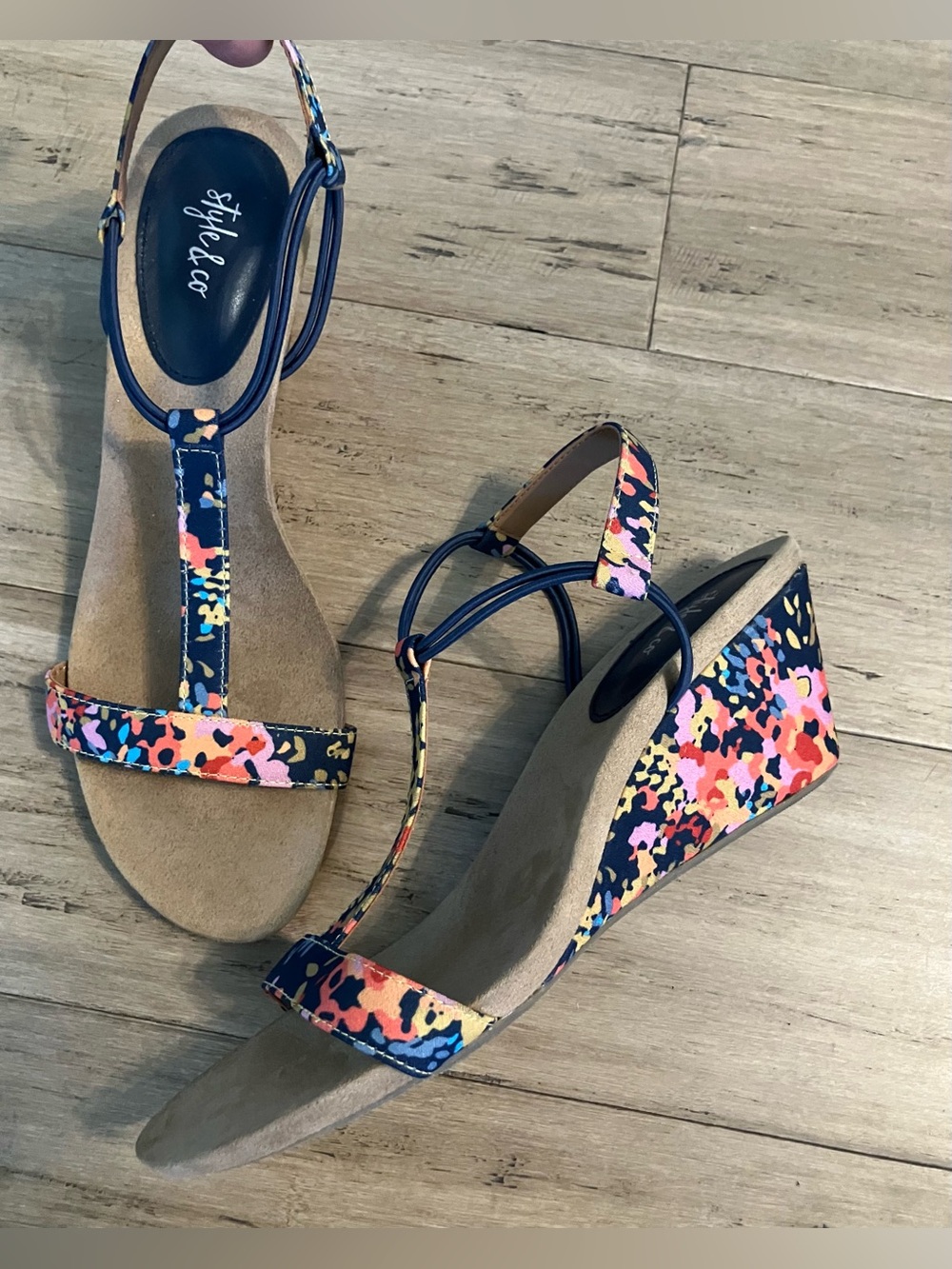 Style & Co. wedge floral cord ankle strap sling back women’s heels. Size 9.5